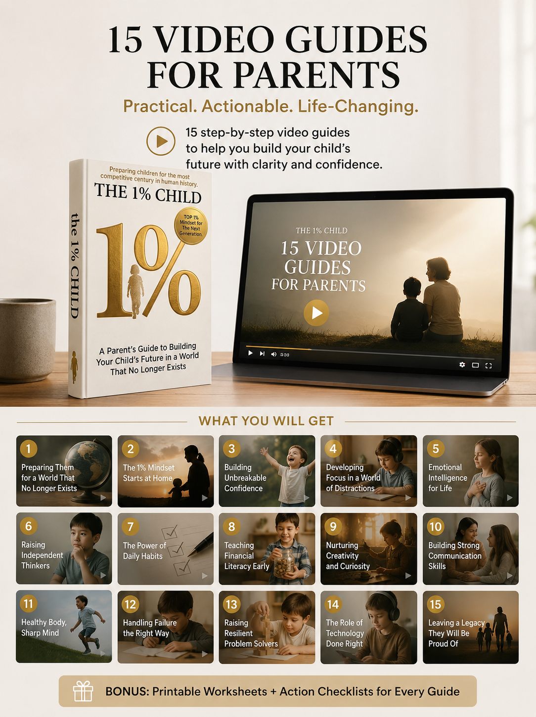 Ebook The 1% Child dan 15 panduan video untuk orang tua, lengkap dengan daftar judul setiap panduan dan bonus lembar kerja cetak.